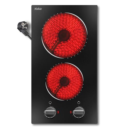 Hobsir Hob - Placa vitrocerámica con 2 luces con toma de corriente, 30 cm, placa de cocción vitrocerámica, empotrable, placa de cocción eléctrica, 3200 W Domino con toma
