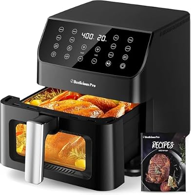 Beelicious Large AirFryer, 12-in-1 Digital Airfryer with Window, Dishwasher Safe, 5.8Qt, 40+ Recipes, Flavor-Lock Tech, Shake Reminder, Compact, Quiet, Nonstick Air Fryers. Black