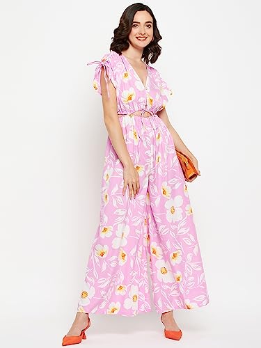 Image of Fashfun Women's Pink Floral Printed Crepe Jumpsuit with Waist Drawstring & Ruched Shoulder