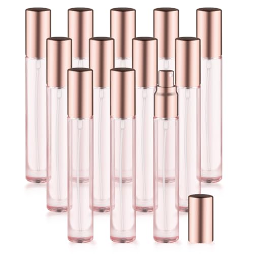 12 Pack 10 ml/0.3oz Pink Glass Spray Bottles Refillable Empty Perfume Bottles Travel Fine Mist Spray Bottles Sample Containers Atomizer For Perfume Essential Oils Liquid (round bottle)