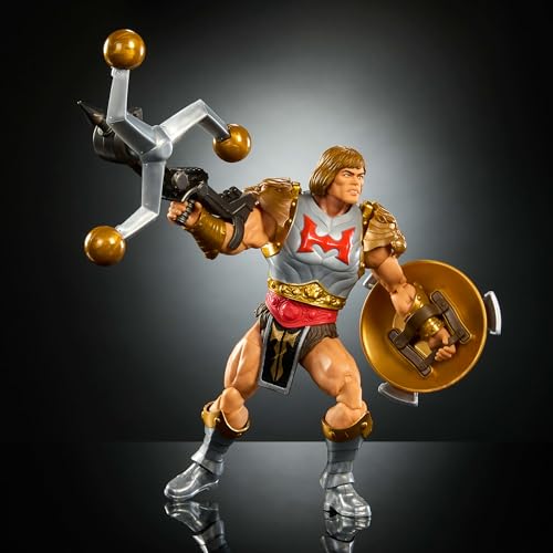 Masters of the Universe Figurine articulée de 18 cm, jouet Musclor Masters of the Universe New Eternia avec arme poings volants, arme et bouclier tournoyants, 30 articulations, JBP75