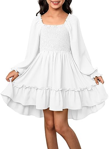 blibean Tween Girl Fall Ruffle Long Sleeve Dress Big Kid Solid Casual Boho Fancy Party Smocked Dresses Young Semi Formal Swing Dressy Outfit Clothes Size 12-13 Year Old White
