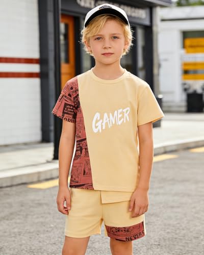 Image of OLMRJKD Boys 2 Piece Outfits Short Sleeve Colorblock T-shirt and Shorts Summer Casual Clothes for 6-12 Years