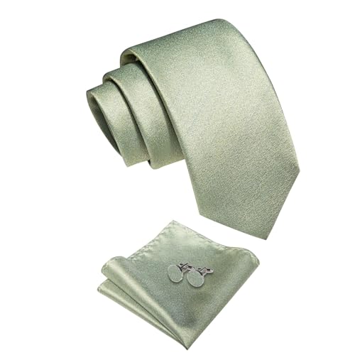 Image of YourTies Sage Green Ties for Men Silk Seafoam Necktie Pocket Square Cufflinks Solid Color Formal Business Party Wedding