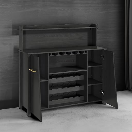 DWVO-Sideboard-Buffet-Cabinet-wLED-Lights-47-Coffee-Bar-Cabinet-with-Storage-Wine-Rack-and-Glass-Holder-Liquor-Cabinet-wAdjustable-Shelf-for-Living-Room-Kitchen-Dining-Room-Black DWVO Sideboard Buffet Cabinet wLED Lights 47 Coffee Bar Cabinet with Storage Wine Rack and Glass Holder Liquor Cabinet wAdjustable Shelf for Living Room Kitchen Dining Room Black