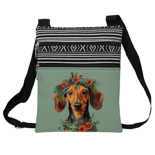 Floral Dachshund Messenger Bag Small Ethnic Pattern Printed Adjustable Strap Crossbody Zipper Bag Floral Puppy Phone Bag Wallet Cute Shoulder Handbag for Dachshund Lovers Women