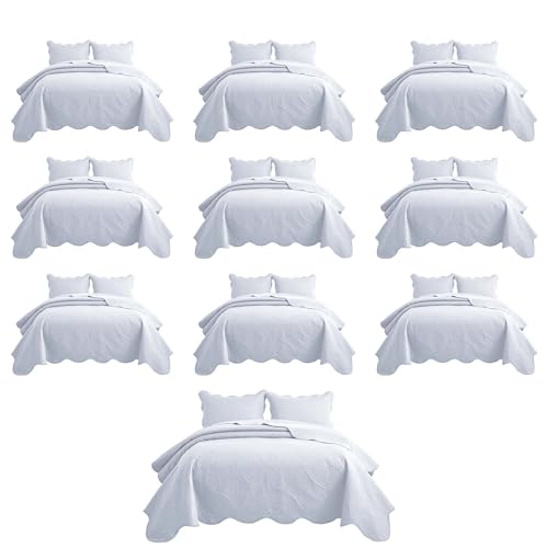 MOONLIGHT20015 King Floral Quilt Set White Bulk 8 Pack for Hotel & Airbnb