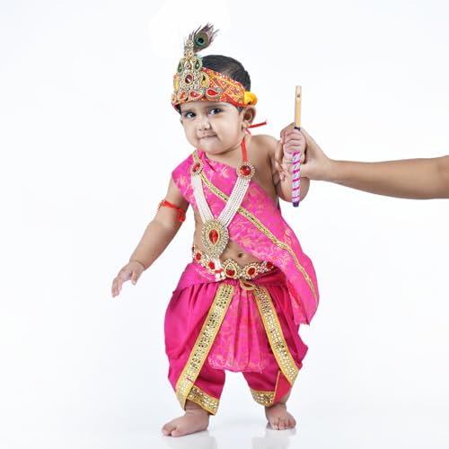 Image of ITSMYCOSTUME Krishna Dress for Baby Boy Kids Set of 10(Dhoti,Hip Cover,Patka,Mukut,Morpankh,Bansuri,Kamarband,Bajuband,Kundal) Little Krishna Ji Kanha Janmasthmi Costume