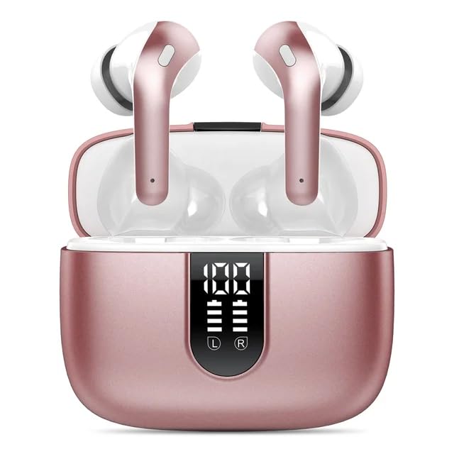 True Wireless Earbuds, Noise Cancellation Bluetooth, BT 5.3 IPX5 Waterproof - Built in Mic Clear Calls/Sound - Long Battery Wireless Headphone -Stylish Earphone With Led Display...(Pink)