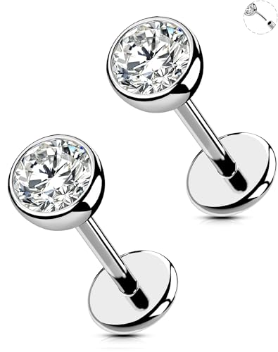 OUFER 20G Silver Titanium Flat Back Stud for Nose, Lip, Helix, Tragus, Lobe – Threadless Piercing Jewelry with 4mm CZ – 6.5mm Post, Comfortable & Stylish Design for Sensitive Skin