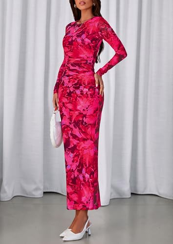 PRETTYGARDEN Fall Wedding Guest Dresses for Women 2025 Long Sleeve Ruched Sexy Bodycon Floral Mesh Cocktail Party Maxi Dress