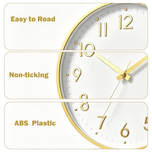 Image of Mosewa Wall Clock 10 Inch, Battery Operated Silent Non-Ticking Modern Analog Clock Decorative for Kitchen, Bedroom, Office, Living Room(White Gold)