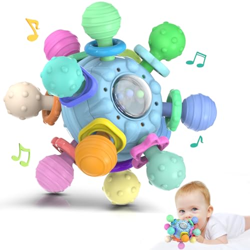 Image of Baby Teething Teether Toys 6 to 12 Months: Teether Toys for Baby 6-12 Months | Baby Toys 0 to 6 Months Baby Teething Ball Toy 0-3 Month Rattle Sensory Infant Toys for 0-3-6-12 Months Baby (Blue)
