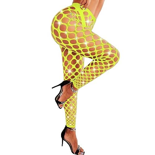 RSLOVE Women Sexy High Waist Tights Rhinestone Sparkle Fishnet Stockings Pantyhose Leggings Lingerie Pants One Size Fluorescent Yellow