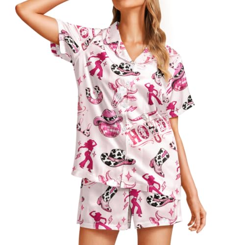 Image of Funny Pajamas for Women Set Print Satin Loungewear Pjs Short Sleeve Button Down Top and Shorts Sets Sleepwear XS-3XL