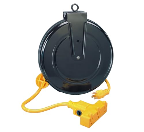 Alert ProReel 5000M-30GF-CB Heavy-Duty Retractable Cord Reel | 30' - 14/3 SJTW Cord | Tri-Tap Grounded Outlet with Power Light | 13amp Circuit Breaker