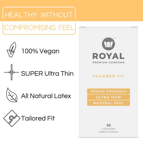 Royal Tailored Fit Ultra Thin Vegan Condoms - Premium Lubricated Condom Pack - Unflavored Lubricant, Organic Latex Rubber - Odorless, Slim, Natural Feel - Safe & Durable Male Contraceptives - 20 Count #TOP1