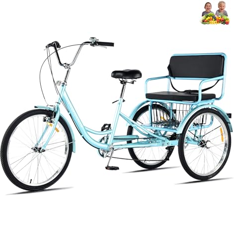 DONGSHAN Tricycle for Adults 7 Speed 24 inch 3 Wheel Bike for Adults Tricycle with Rear seat Adult Trike for Men Women Seniors (Blue)