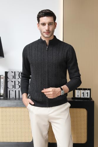 Mens 100% Wool Full Zip Cardigan Sweater Casual Mock Neck Cable Knitted Winter Chunky Sweaters2