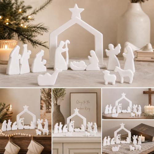 Image of NEROSUN Nativity Scene Set Figurines, 12Pcs White Ceramic Nativity Scene Miniature Holy Family Tabletop, Christmas Decorations for Indoor Holiday Table Mantel Decor Christian Spiritual Gift