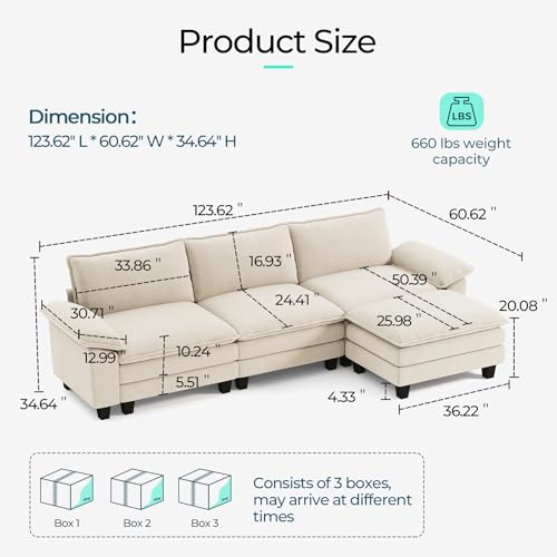 Image of LINSY HOME 123'' Modular Sectional Sofa Beige Couch Corduroy Cloud Couches for Living Room, L Shaped Couch with Movable Ottoman, Modern Cloud Sectional Sofas for Bedroom and Apartment, Beige