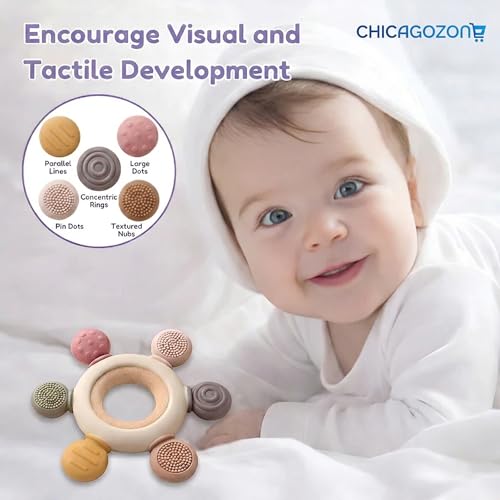 Image of CHICAGOZONE Premium Baby Teether | Silicone + Wooden Ring | BPA-Free, Non-Toxic, Safe Chew Toy | Round Shape | Color - Beige for Babies 3+ Months