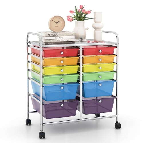 Image of LDAILY 12 Drawer Rolling Storage Cart, Craft Cart Organizer on Wheels w /Metal Frame, Large Capacity & Smooth Drawer, Rolling Cart w /Drawers for Classroom, Office