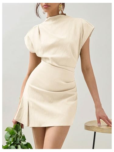 Milumia Women's Summer Textured Mock Neck Cap Sleeve Dress Elegant Asymmetrical Hem Mini Dresses3