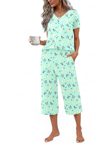 Image of Ekouaer Women's Pajama Sets Short Sleeve Sleepwear Button Up Pj Loungewear Top and Capri Pants with Pockets