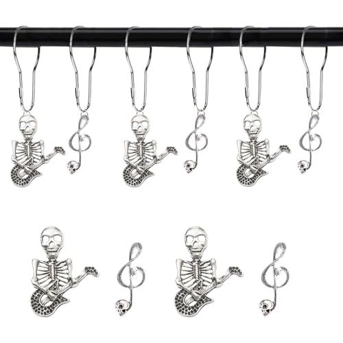 YRMLYMOP Skull Bathroom Decor,12 Pcs Music Skull Shower Curtain Hooks Decorative Home Bathroom Stainless Steel Rustproof Music Skeletons Shower Curtain Rings Decor Accessories (Silver)