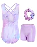 JiAmy Turnanzug Mädchen, Gymnastikanzug Mädchen Kinder Glitzer Gymnastik Turnanzug Leotard Mit Haarbändern und Shorts Set für 3-4 Jahre