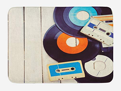 KLR6SYUI-T Alfombrilla de baño Indie, Discos de gramófono y casetes de Audio Antiguos en una Mesa de Madera Nostalgia Music
