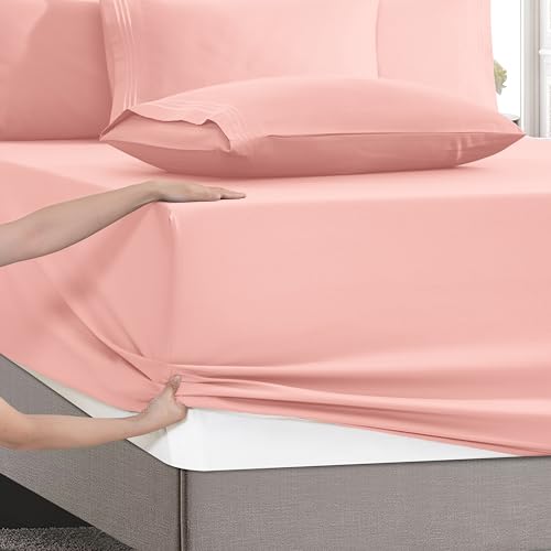Image of Mocassi Luxury 4-Piece Sheet Set, Ultra Soft 1800 Premium Hotel Quality Microfiber Sheet Set, Fits Mattresses Up to 18 to 24 Inches Extra Deep Pocket - Breathable and Secure Fit, Twin, Dusty Rose