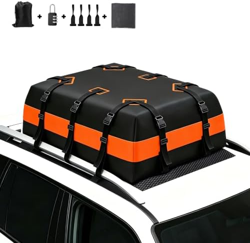 Dachtasche Auto 840D Wasserdicht 15 Kubikfuß (Black/Orange) | Für alle Dächer m./o. Gepäcktr., inkl. Anti-Rutsch-Matte, verst. Gurte, Zubehörtasche, Türhaken u. Schloss.