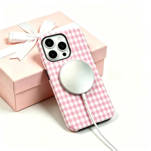 Image of for iPhone 13 /14 Case Cute Phone Case,Compatible with MagSafe,Dual Layer Shockproof Protective Phone Cover,Hard Shell + Silicone Cover,Fashion Design for Women Girls,Pink and White Plaid