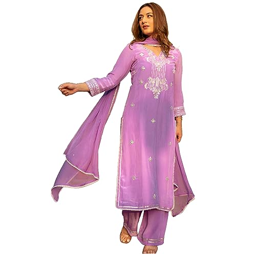 Image of GoSriKi Women's Cotton Blend Straight Embroidered Kurta with Pant & Dupatta