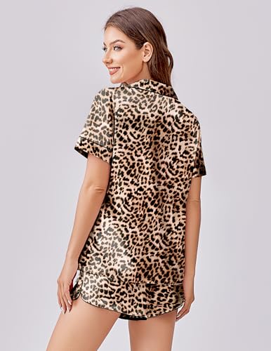 Ekouaer Womens Silk Satin Pajama Set Print Short Sleeve Sleepwear Button Down Pjs Shorts Set Loungewear3