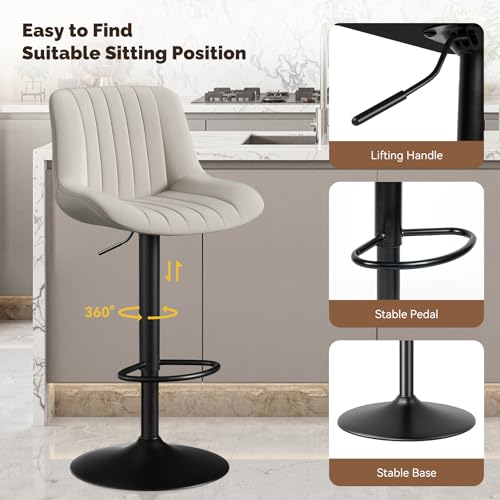 Image of Nalupatio Bar Stools Set of 2, Adjustable Modern Swivel Bar Stools with Backs, Counter Height Performance Fabric Island Chairs for Home Kitchen, Light Gray
