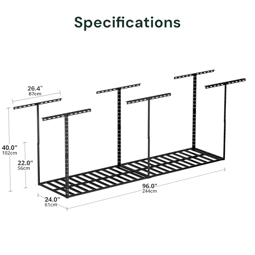 Image of SunsGrove 2x8 Garage Storage Overhead Rack Organization, Adjustable Ceiling Mounted Storage Racks, 800LBS Weight Capacity, 22 inch-40 inch Ceiling Dropdown, 2 Pcs, Hammertone Black