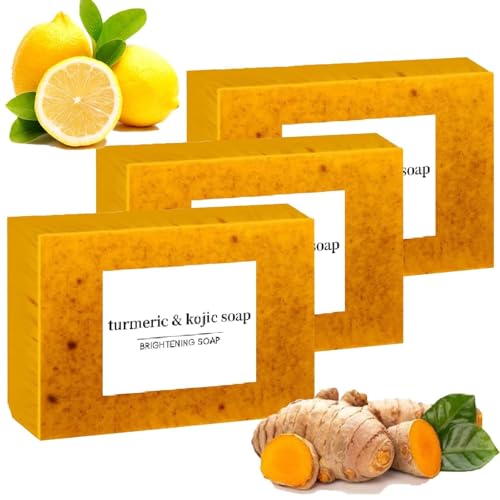 Jabón de cúrcuma y kójico con aroma a limón y cúrcuma, jabón artesanal de cúrcuma, suaviza la piel, elimina manchas oscuras, acné y puntos negros para un tono de piel uniforme.