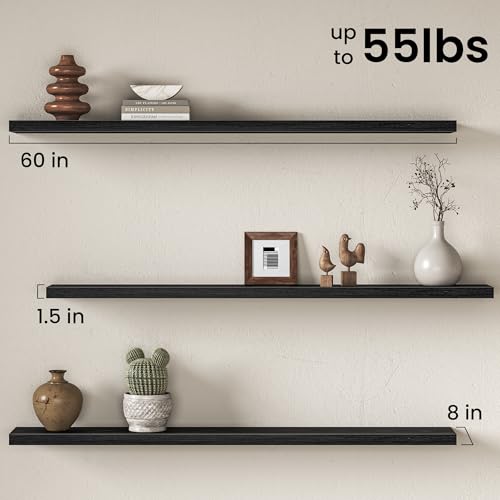 Image of Fun Memories 60Inch Long Floating Shelves, 8 Inch Deep Shelves for Bedroom|Living Room, Wall Mounted Wood Hanging Shelf with Invisible Brackets for Fireplace Mantel Home Storage Decor, Black - 1 Pack