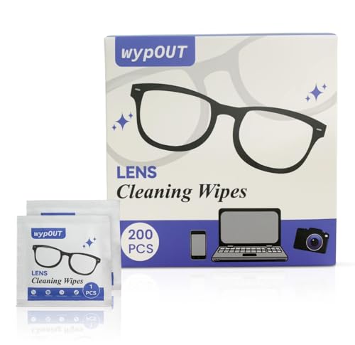 WypOUT Lens Cleaning Wipes 200 Pack مناديل نظارات - Pre-Moistened Glasses Cleaning Wipes Individually Wrapped for Eyeglasses Screens & Camera Lens
