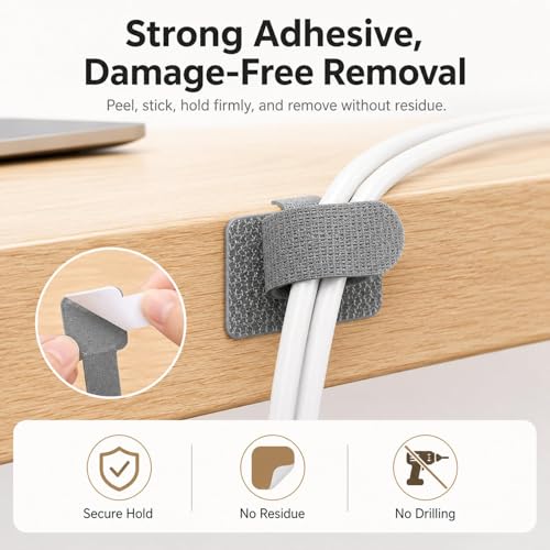 Clip para gestión de cables de escritorio 10 piezas / pack Adhesivo Organizador de cables Reutilizable con gancho y lazo para sujetar cables debajo del escritorio (Gris) miniatura 4