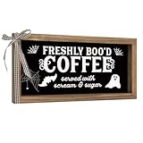 pechpell Halloween Coffee Bar Decor, 11.8x6 Inch Wooden Freshly Booed Coffee Station Sign, Indoor Table Wall Art Shelf Desk Rustic Farmhouse Ghost Decorations for Home Kitchen Office