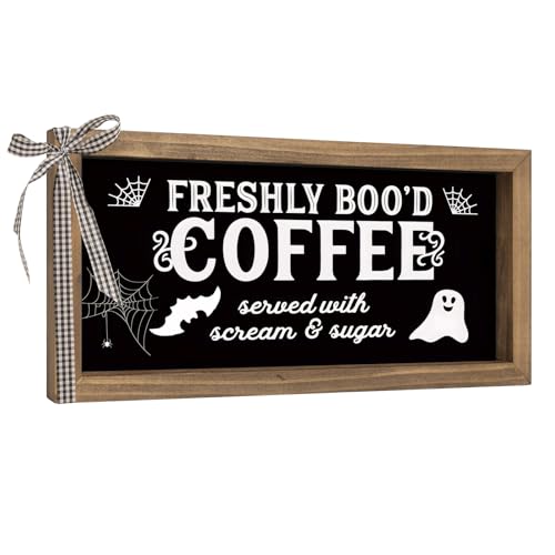 pechpell Halloween Coffee Bar Decor, 11.8x6 Inch Wooden Freshly Booed...