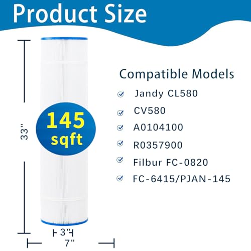Savener PJAN145 Pool Filter Replaces Jandy CL580, CV580, Unicel C-7482, Ultral-A10, Filbur FC-0820, A0104100, R0357900, Filbur FC-6415, SD-01109, 145 sq.ft Filter Cartridge 4 Pack