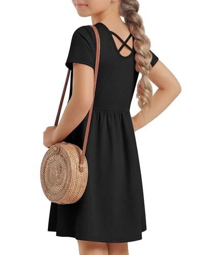 Oakgarden Girls Summer Dress Short Sleeve V Neck a Line Kids Solid Color Loose Beach Soft Dress for 5-14 Years Casual(Black 5-6 Years)