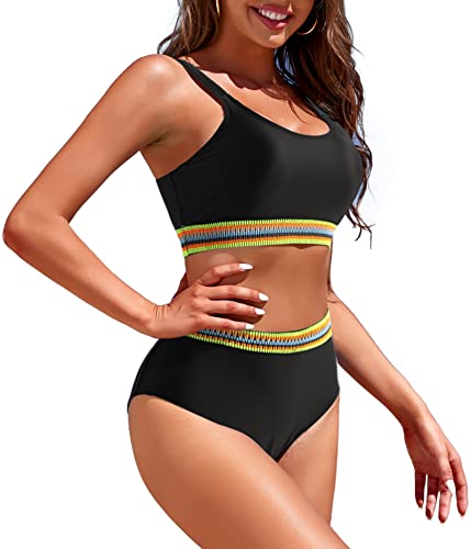 Image of Womens High Waisted Bikini Sets Sporty Crop Top Color Block Swimwear Bandeau Scoop Neck Vintage Two Piece Bathing Suits