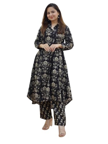Image of Leriya Fashion Women's Cotton Printed A-Line Kurti Pant Set | Abstract Leaf & Floral Kurta with Trouser Pant | Casual Ethnic Co-ord Set for Women Stylish | Elegant Anarkali Style Tunic Kurta Set