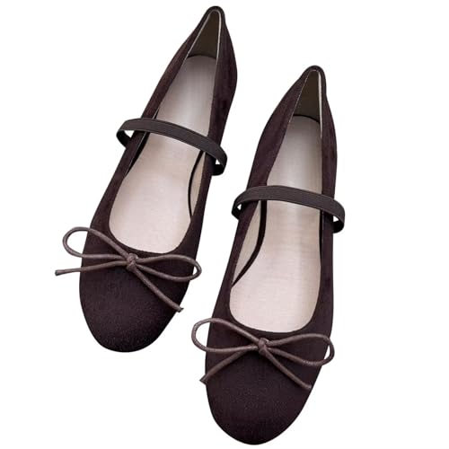 Image of TN TANGNEST Women's Mary Jane Flats Bow Ballet Shoes | Round Toe Flats with Buckle Strap Dressy Comfortable Faux Suede Flats